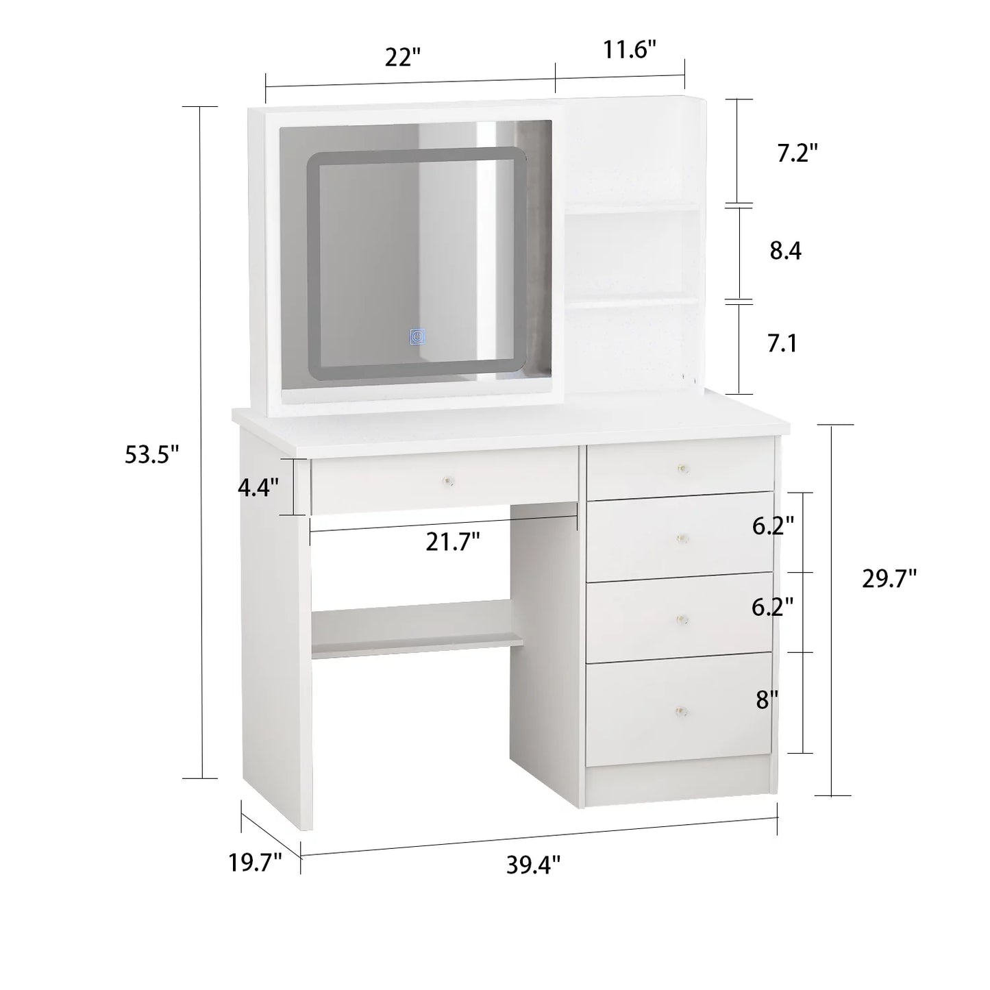 OXYLIFE Makeup Vanity Table Set with Sliding Lighted Mirror, 5 Drawers and Storage Shelves, Dressing Table Desk with Stool,White