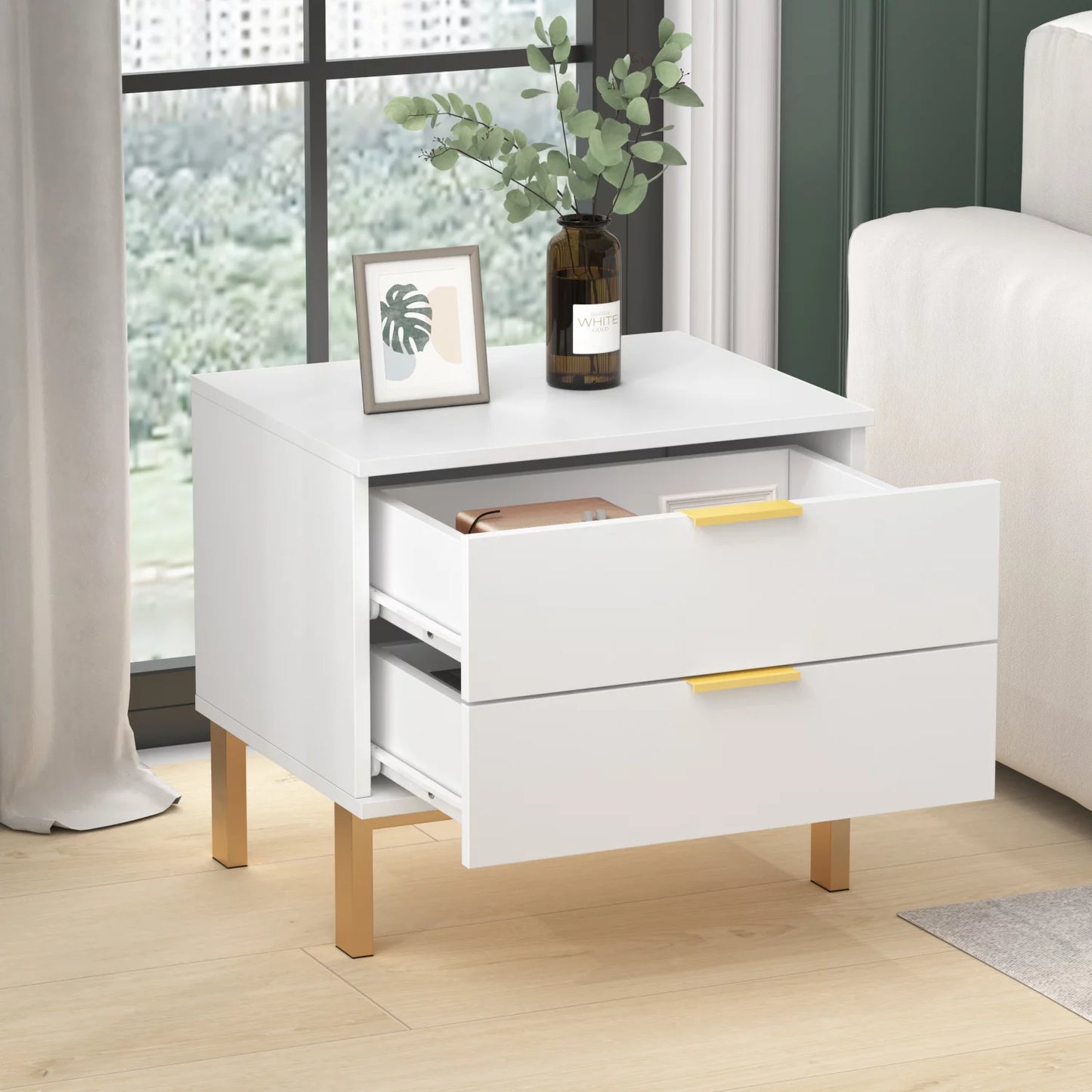 OXYLIFE Nightstand with 2 Drawers, White End Side Table for Living Room Bedroom