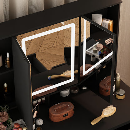 OXYLIFE Makeup Vanity Table Set Organizer Dressing Desk, Light Mirror, 9 Drawers, Storage Shelves, Black