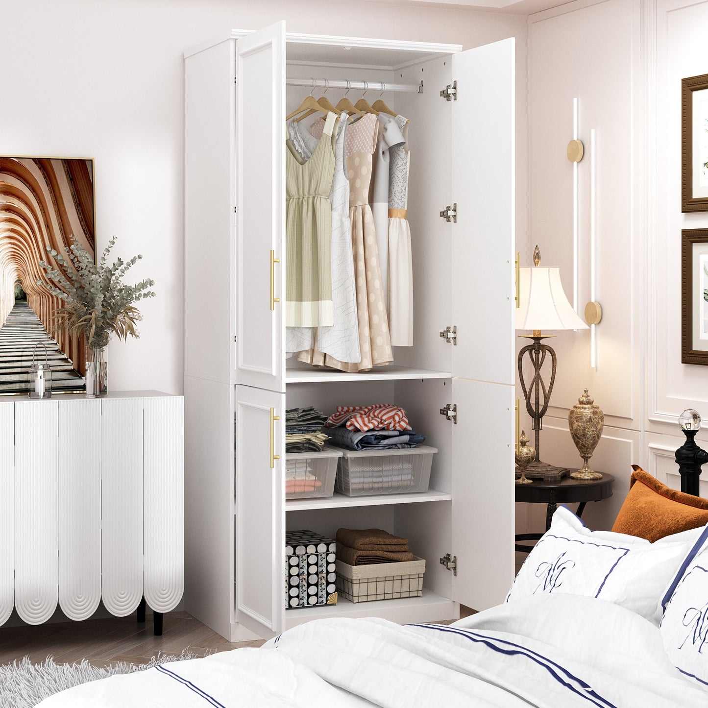 OXYLIFE 74.5 inch Freestanding Clothing Armoire Wardrobe Closet with Hanging Rod and Shelves for Bedroom, White