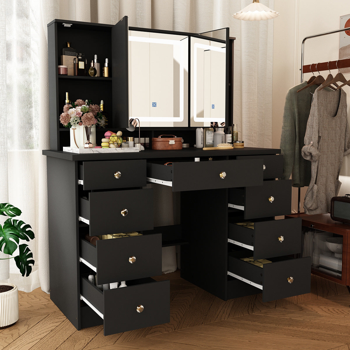OXYLIFE Makeup Vanity Table Set Organizer Dressing Desk, Light Mirror, 9 Drawers, Storage Shelves, Black