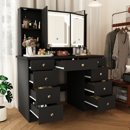 OXYLIFE Makeup Vanity Table Set Organizer Dressing Desk, Light Mirror, 9 Drawers, Storage Shelves, Black