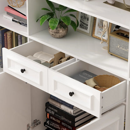 OXYLIFE 78.7 inch Bookcase Display Storage Cabinet Cupboard with 15 Shelves and Drawers, White (63" Wide)