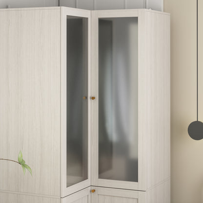 Oxylife 70.9 inch Corner L Shaped Clothing Armoire Wardrobe Closet with 2 Frosted Glass Doors, Hanging Rod and Drawers for Bedroom