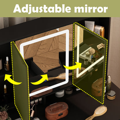 OXYLIFE Makeup Vanity Table Set Organizer Dressing Desk, Light Mirror, 9 Drawers, Storage Shelves, Black