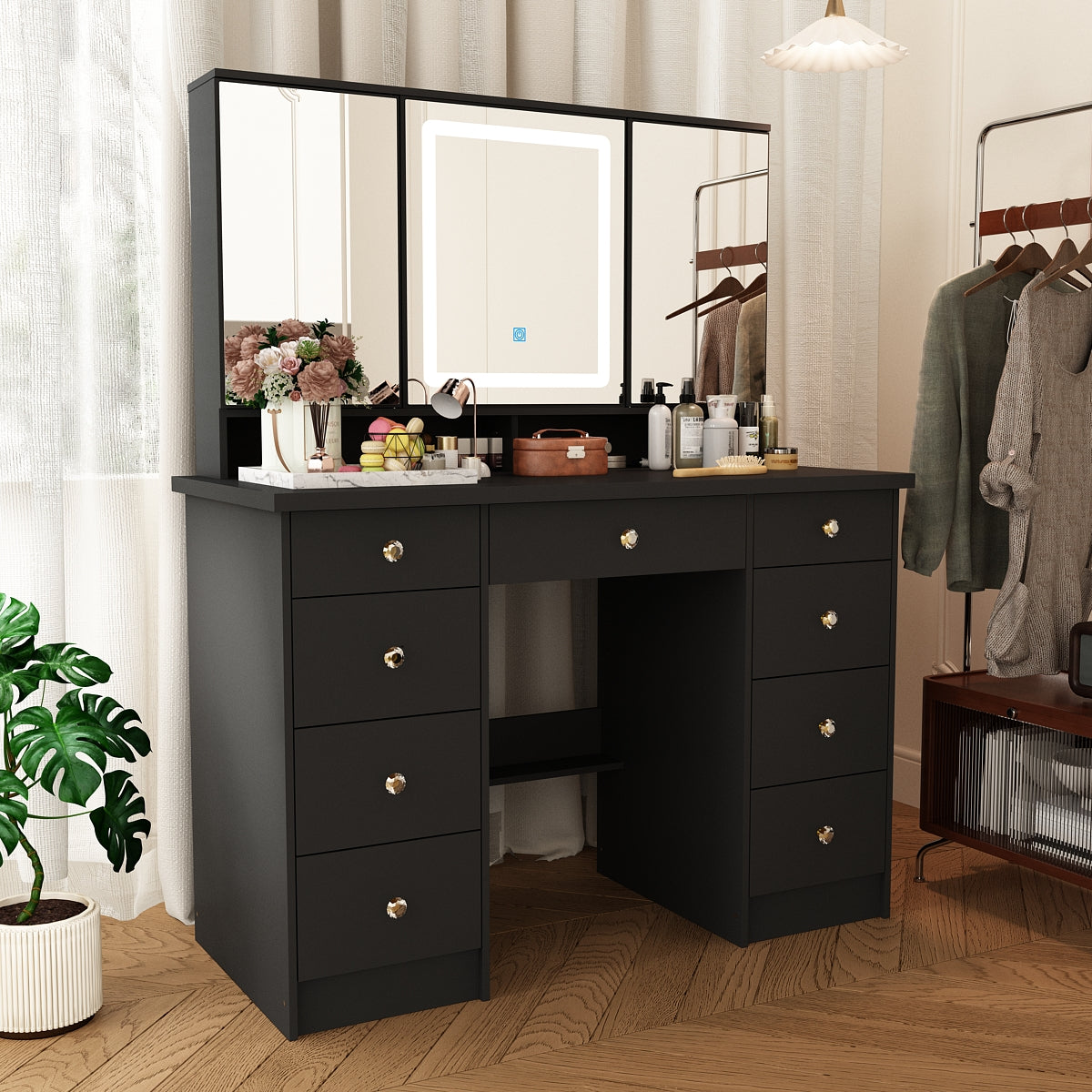 OXYLIFE Makeup Vanity Table Set Organizer Dressing Desk, Light Mirror, 9 Drawers, Storage Shelves, Black