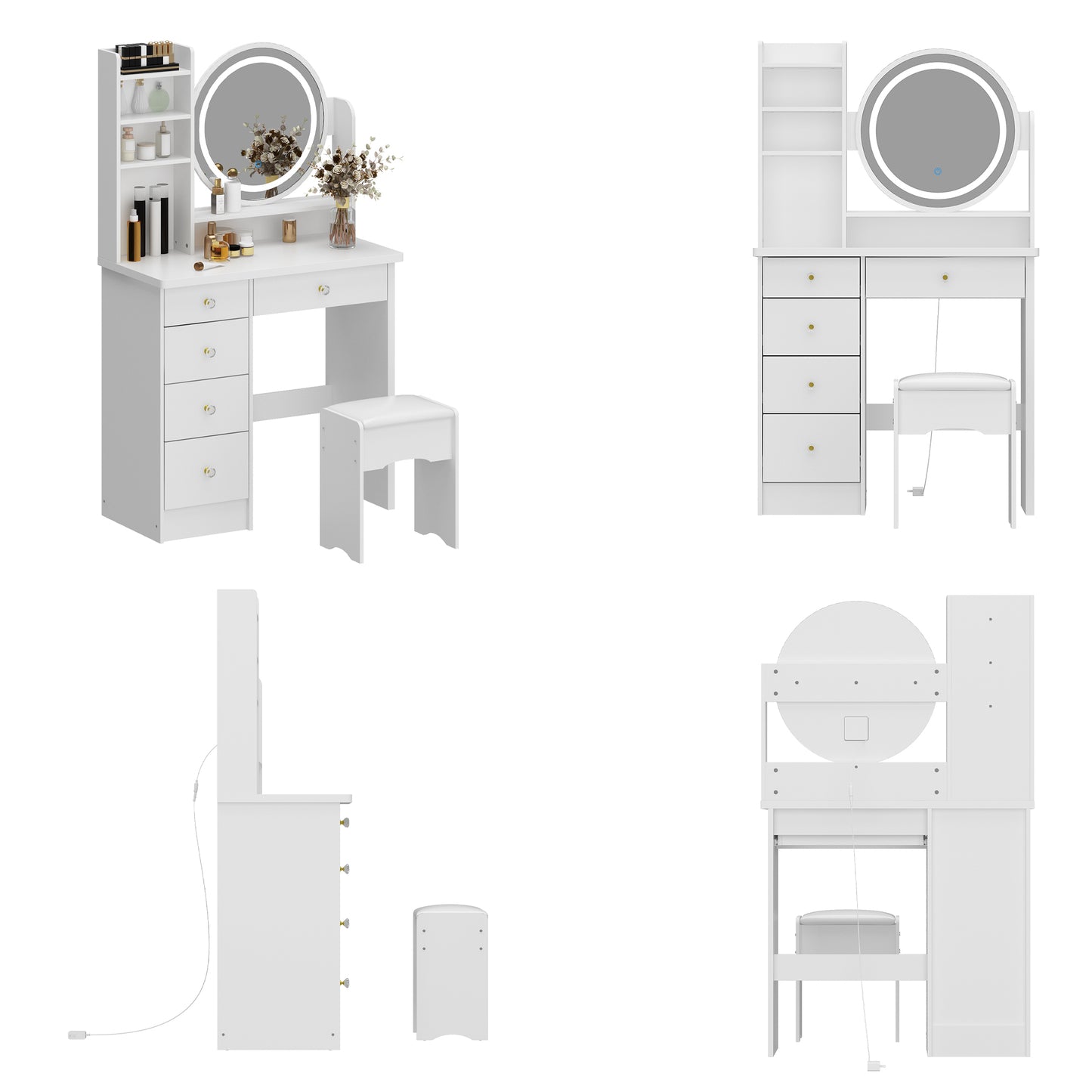 Oxylife Vanity Table Set with Mirror and Dimmable LED Lights, Makeup Table with 5 Drawers and Shelves, Dressing Vanity Tables for Girls Women, White