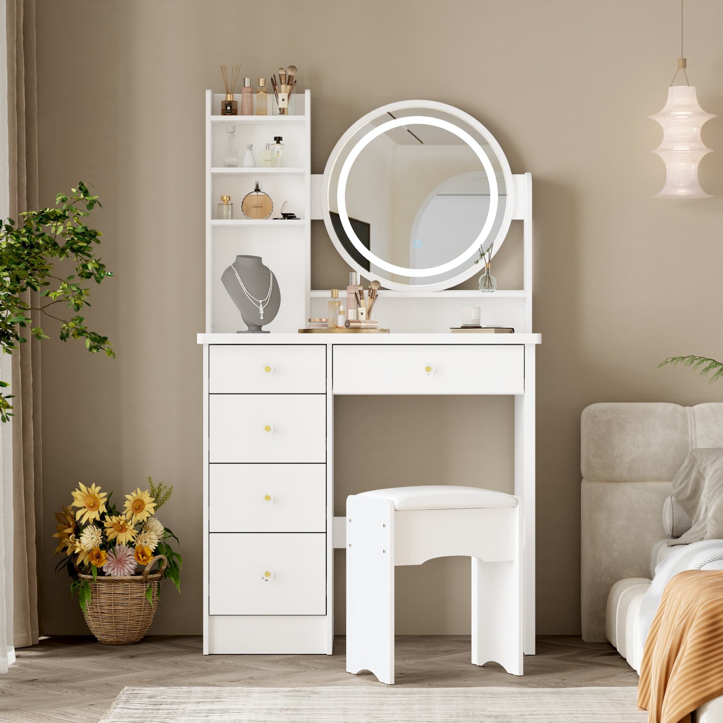 Oxylife Vanity Table Set with Mirror and Dimmable LED Lights, Makeup Table with 5 Drawers and Shelves, Dressing Vanity Tables for Girls Women, White