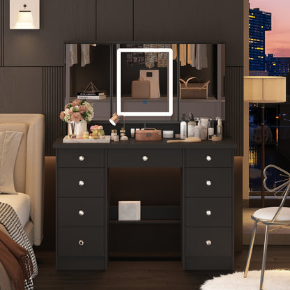 OXYLIFE Makeup Vanity Table Set Organizer Dressing Desk, Light Mirror, 9 Drawers, Storage Shelves, Black