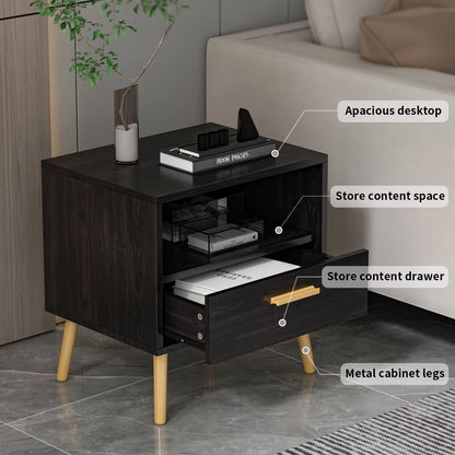 OXYLIFE Modern Nightstand Bedside Table, End Side Table with Drawer and Open Cubby, Black&Brown