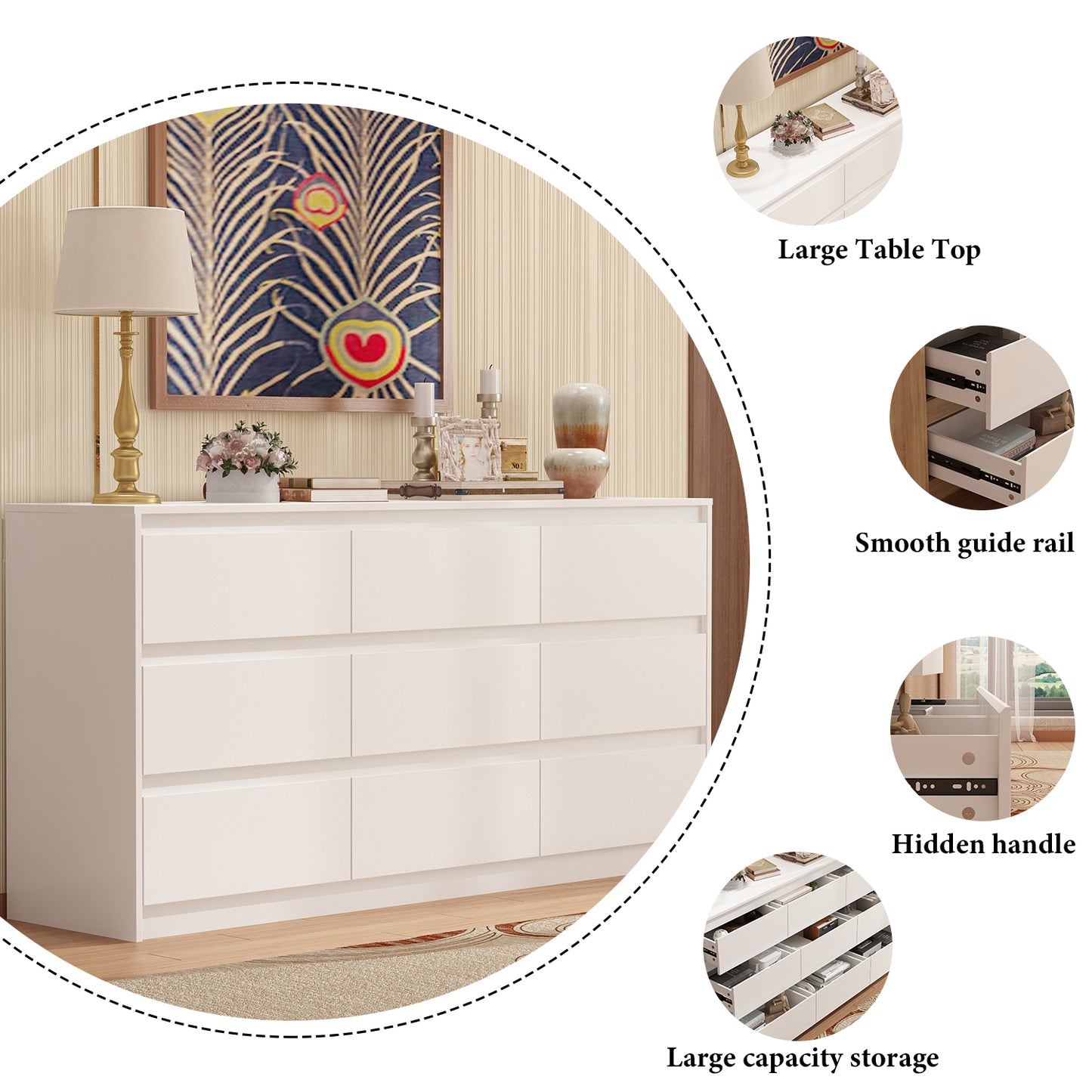 OxyLife 9-Drawer Dresser, Wood Storage Cabinet, Combo Dresser, 9-Piece, White