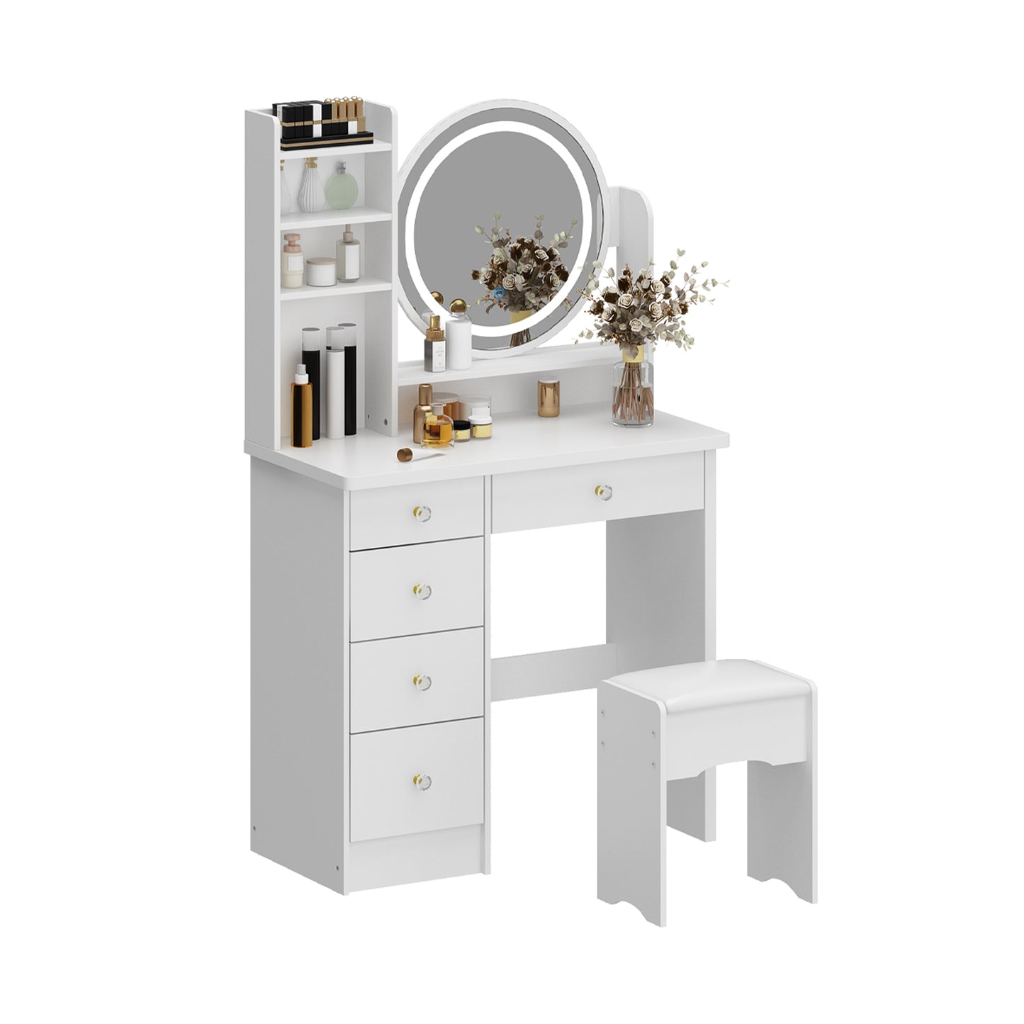 Oxylife Vanity Table Set with Mirror and Dimmable LED Lights, Makeup Table with 5 Drawers and Shelves, Dressing Vanity Tables for Girls Women, White