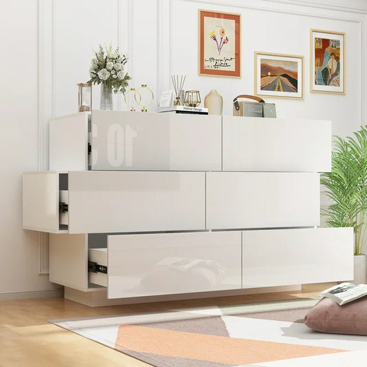 Modern 6 Drawer Dresser Storage, Stylish Shape Wood Chest of Drawer Chest for Bedroom Living Room, White Glossy Finish