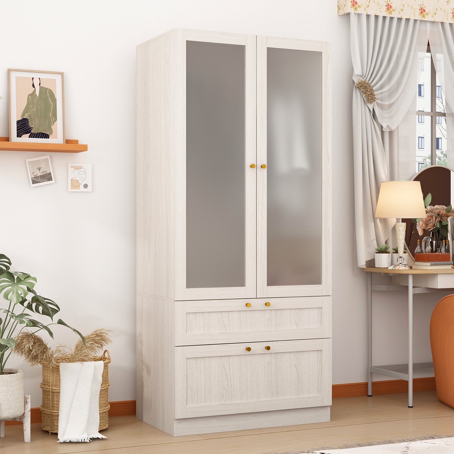 OXYLIFE 70.9 inch Freestanding Clothing Armoire Wardrobe Closet with 2 Frosted Glass Doors, Hanging Rod and Drawers for Bedroom