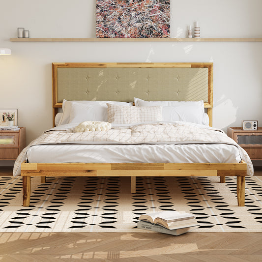 Oxylife Queen Size Bed Frame with Fabric Headboard,Upholstered Wood Platform Bed Frame,12 Slats,Natural, 82.2”L x 63”W x 41.1”H