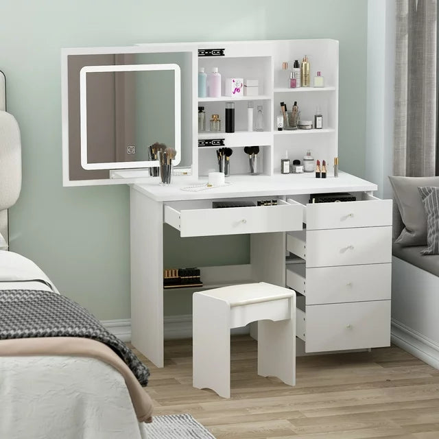 OXYLIFE Makeup Vanity Table Set with Sliding Lighted Mirror, 5 Drawers and Storage Shelves, Dressing Table Desk with Stool,White