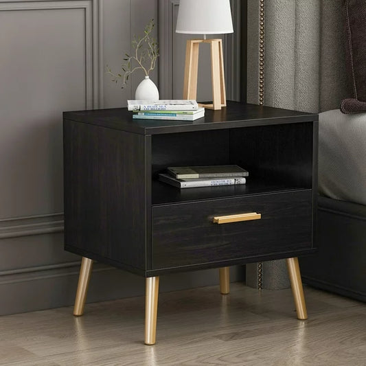 OXYLIFE Modern Nightstand Bedside Table, End Side Table with Drawer and Open Cubby, Black&Brown