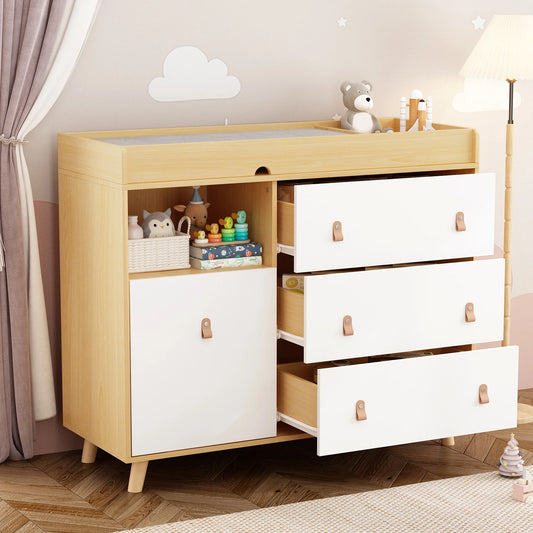 OXYLIFE Baby Nursery Changing Table Dresser with 3 Drawers and Shelf for Nursery Room, White+Natural