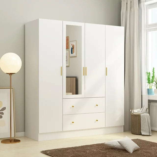 OXYLIFE 4 Door Wardrobe Armoire, Large Storage Cabinet with Mirror, 2 Drawers and Hanging Rod,White