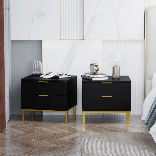 OXYLIFE Nightstand Set of 2 Bedside, End Side Table with 2 Drawers & Gold Metal Legs for Bedroom, Black