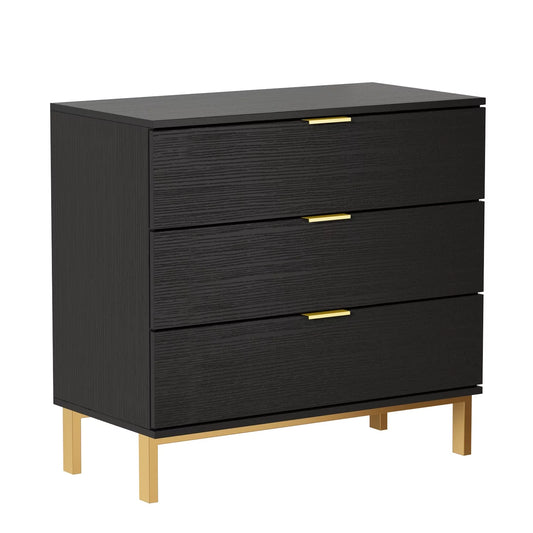 OXYLIFE 3 Drawer Dresser Nightstand with Metal Legs for Bedroom Black