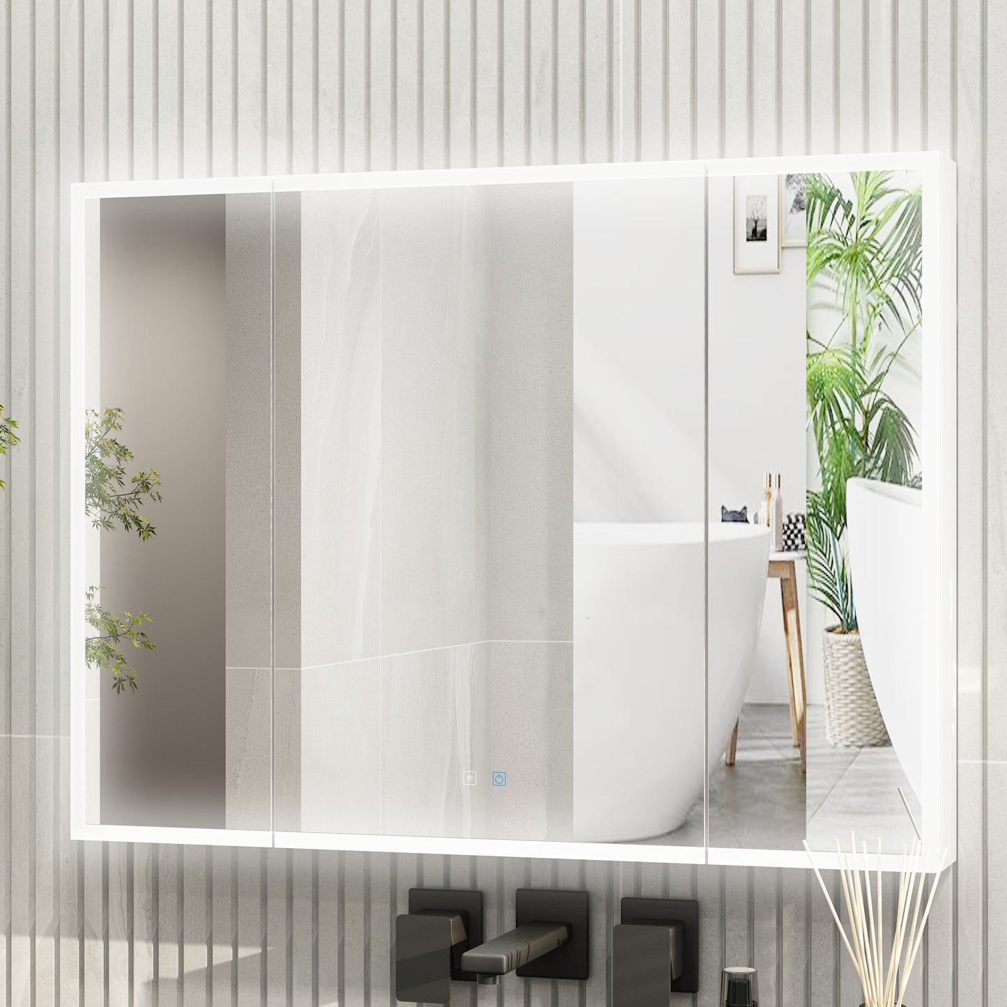 OXYLIFE Wall Mounted Mirror Medicine Cabinet with 3 Color LED Lights, Defogger and 3 Doors for Bathroom, White