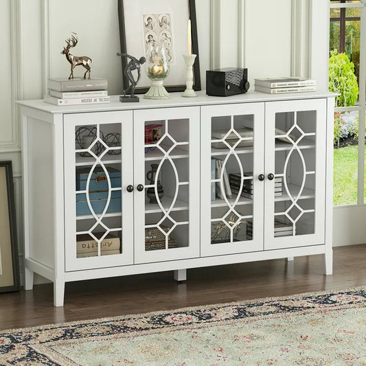 Sideboard Buffet Entertainment Center with Storage Cabinet, Glass Doors, for Living Room, Dining Room (White)