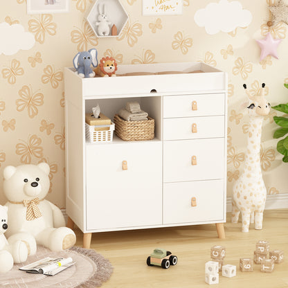 OXYLIFE 33.5" Baby Changing Table Nursery Dresser with 5 Drawers and Raised Feet, Shelf and Trash Can Storage for Nursery Room, White