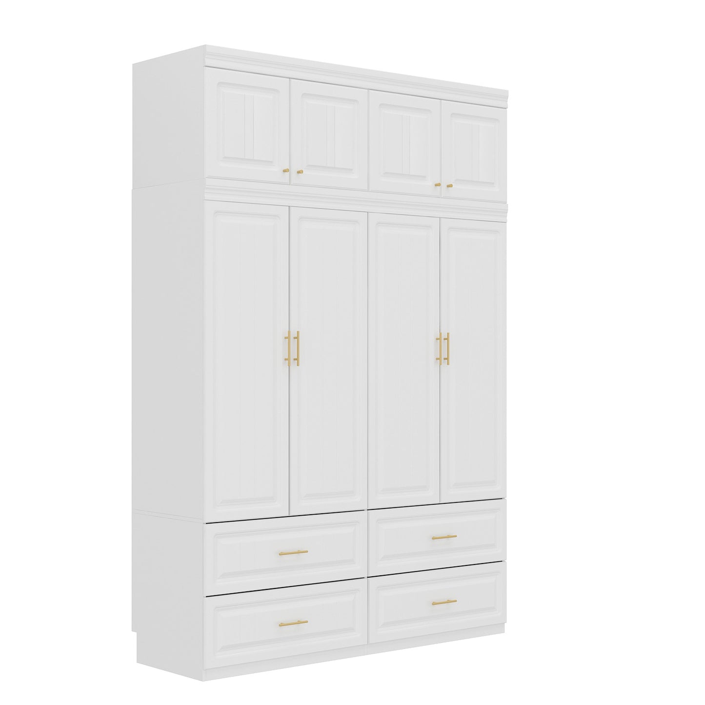 OXYLIFE 4-Door Wardrobe Armoire with Hutch, Shelves and Drawers,White Closet Storage Cabinet with Clothing Rod for Bedroom, 93.3" H