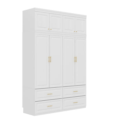 OXYLIFE 4-Door Wardrobe Armoire with Hutch, Shelves and Drawers,White Closet Storage Cabinet with Clothing Rod for Bedroom, 93.3" H