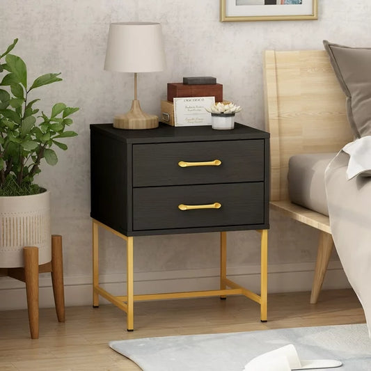 OXYLIFE Nightstand with 2 Drawers, Black Bedside Table with Metal Legs for Bedroom