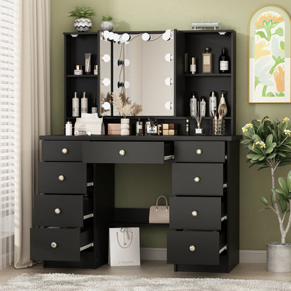 OXYLIFE Makeup Vanity Desk with Mirror and 3 Color Lights and 9 Drawers for Bedroom, Black