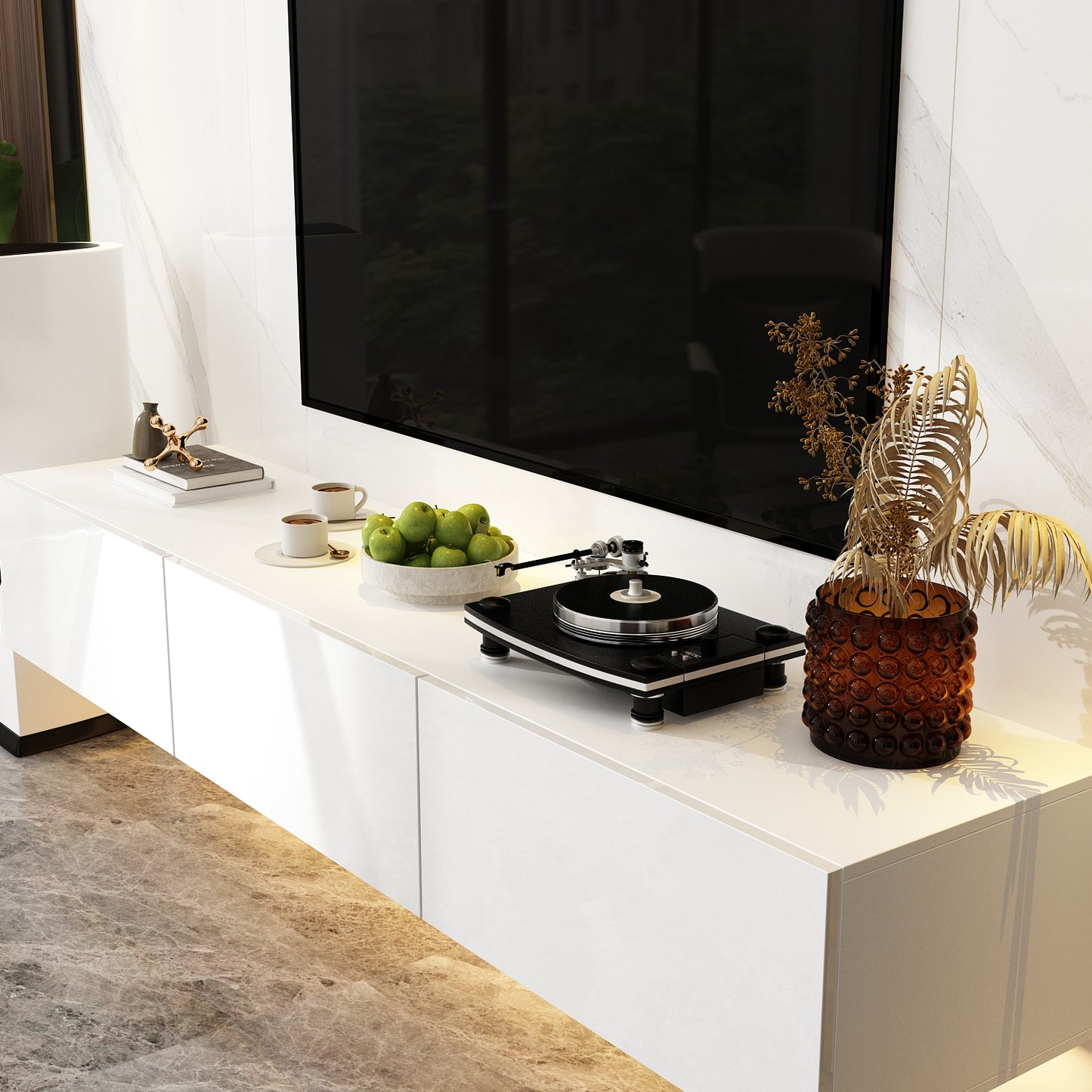 OXYLIFE Floating LED TV Stand with Drawers, Wall Mounted Entertainment Center with Storage and LED Light, White