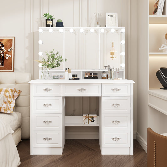 Oxylife Vanity Desk with Lighted Mirror, Makeup Dressing Table with 9 Drawer and Drawer Divier for Bedroom