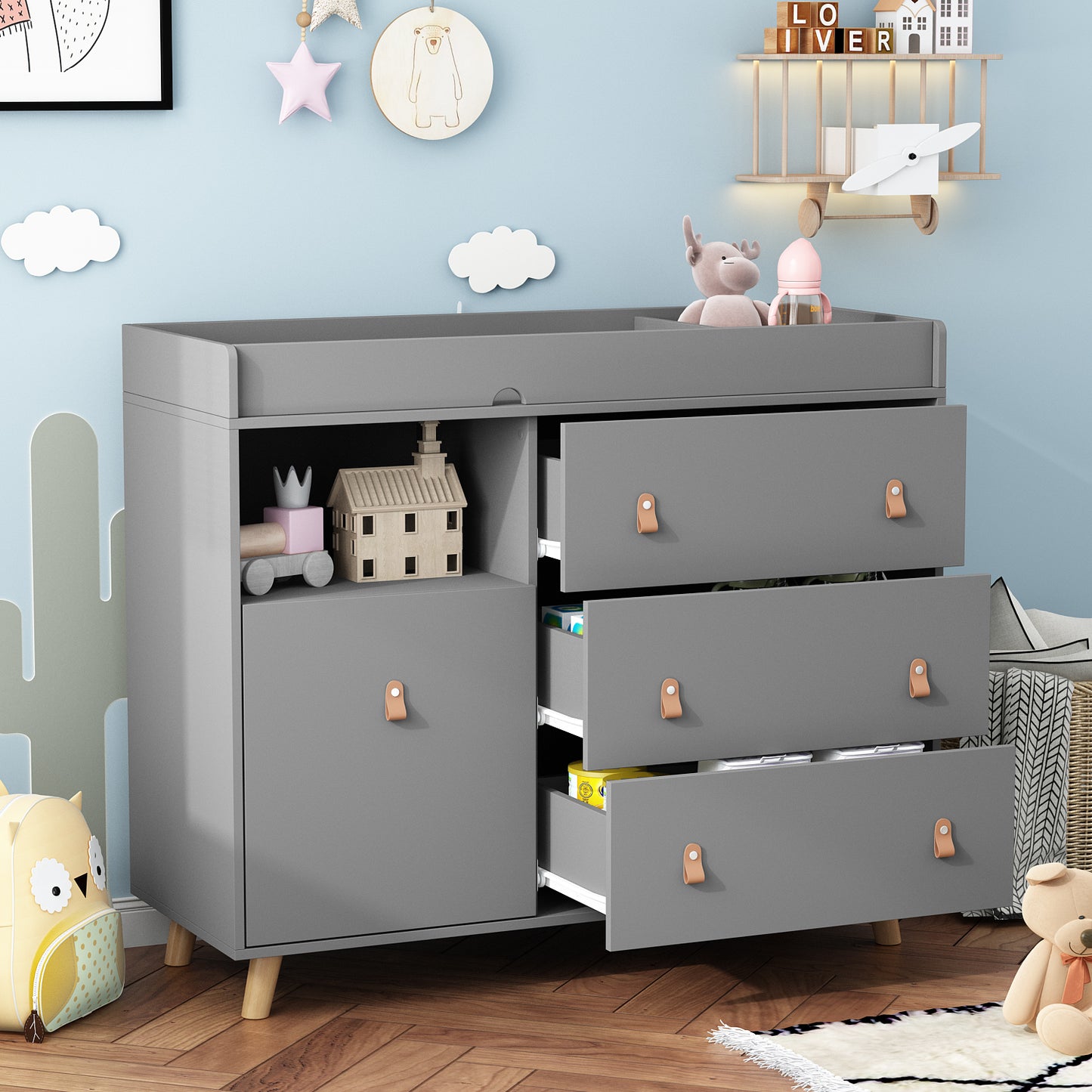 OXYLIFE Baby Nursery Changing Table Dresser with 3 Drawers and Shelf for Nursery Room, Gray