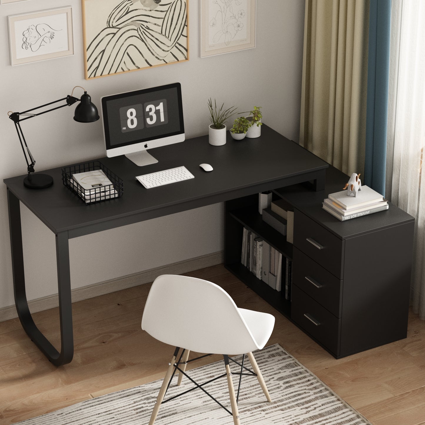 OXYLIFE Home Office Desk, 55 Inch Wood and Metal Study Corner Desk, Writing Workstation with Shelves and File Cabinet, Black