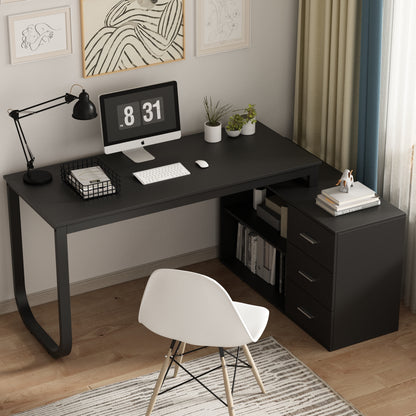 OXYLIFE Home Office Desk, 55 Inch Wood and Metal Study Corner Desk, Writing Workstation with Shelves and File Cabinet, Black