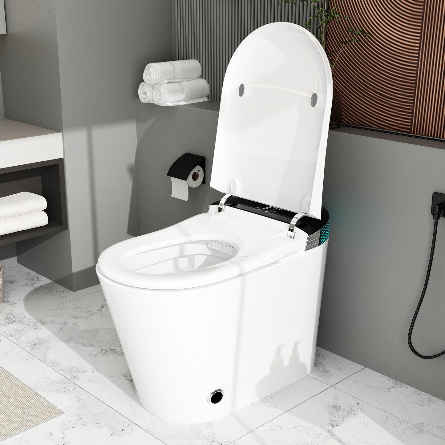 OXYLIFE Smart Bidet Toilet with Panel Control, LED Display, Auto Flush, Foot Sensor Flush, Auto Open & Close, Warm Water Sprayer & Dry and Night Light for Bathroom