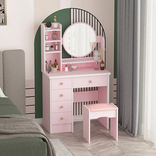 OXYLIFE Vanity Set with Mirror, Makeup Vanity Dressing Table with 5 Drawers, Storage Shelves, Vanity Desk for Bedroom, Pink