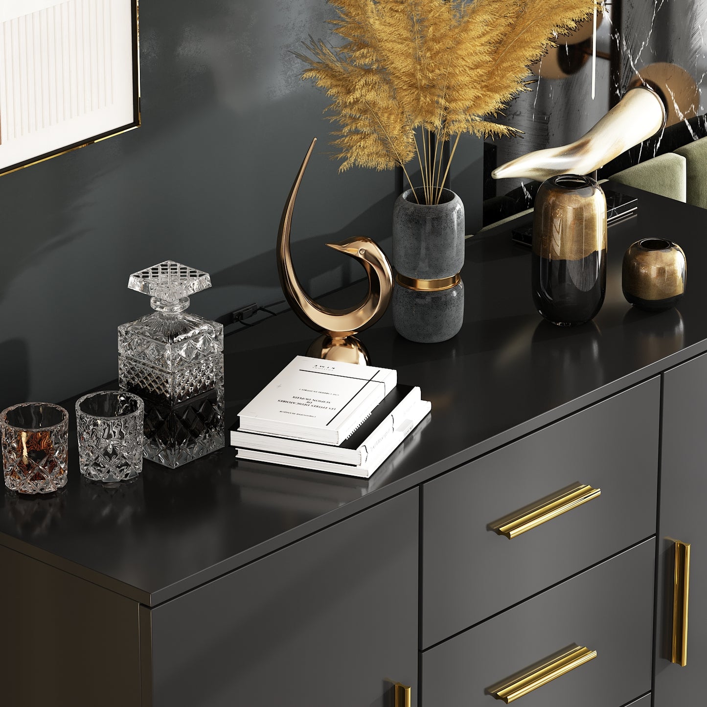OXYLIFE Kitchen Buffet Sideboard, Black Storage Cabinet with 3 Drawers for Living Room Kitchen, 47.2" Wide
