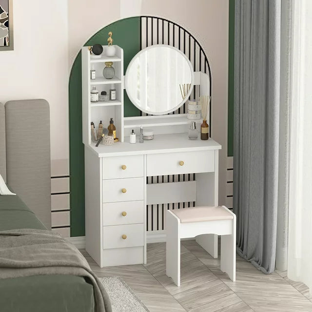 OXYLIFE Vanity Set with Mirror, Makeup Vanity Dressing Table with 5 Drawers, Storage Shelves, Vanity Desk for Bedroom, White