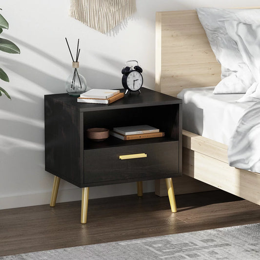 OXYLIFE Nightstand with Storage Drawer and Open Shelf, Side End Table for Living Room Bedroom, Black