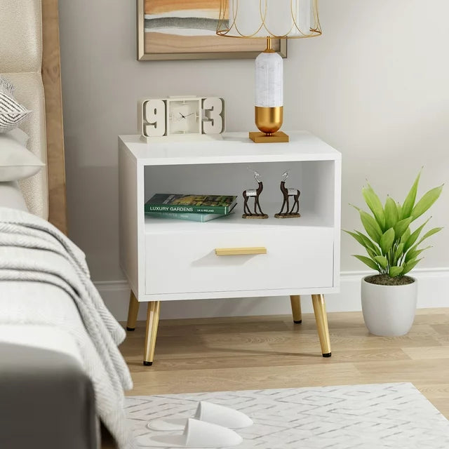 OXYLIFE Modern Nightstand Bedside Table, End Side Table with Drawer and Open Cubby,White