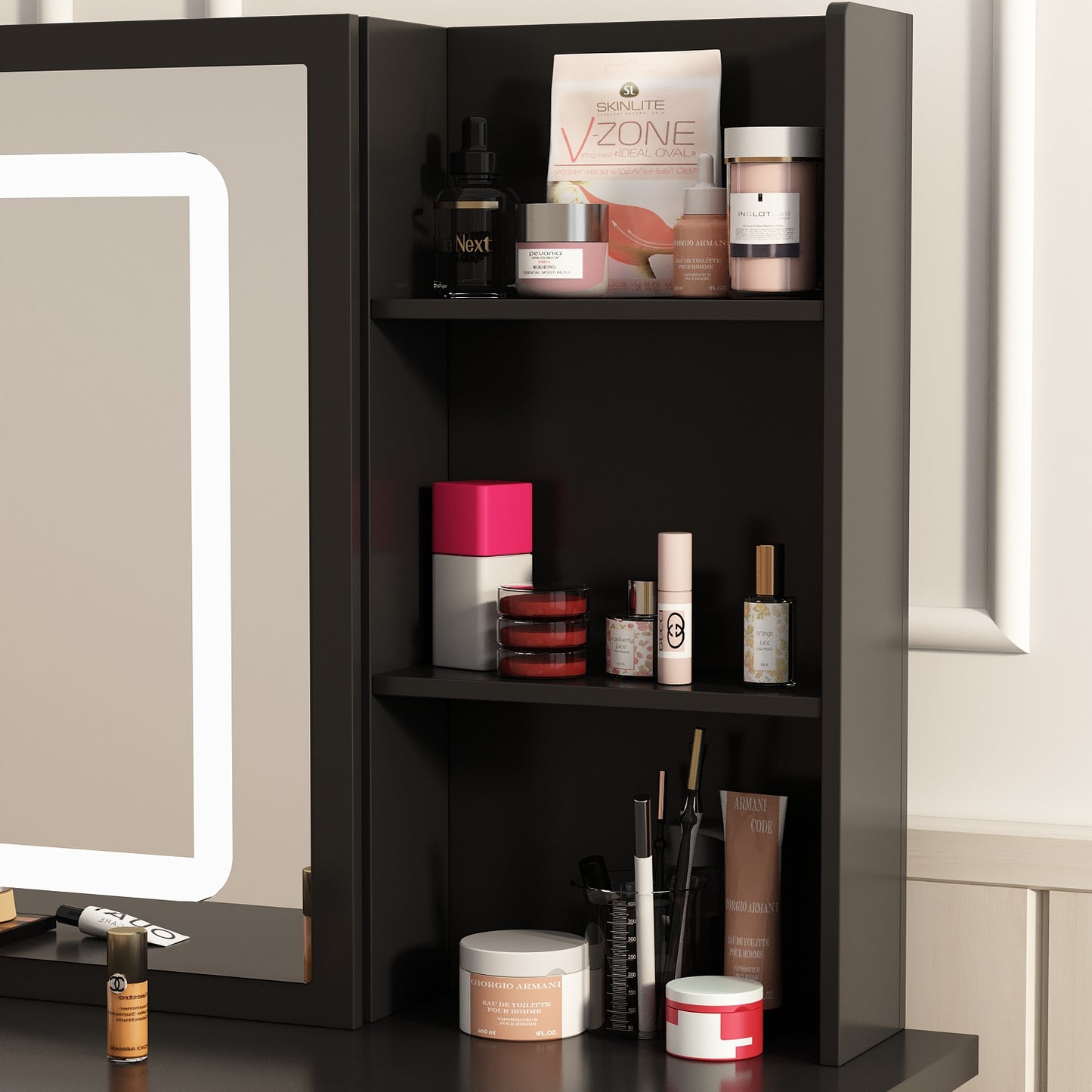 Oxylife Makeup Vanity Table Set with Sliding Lighted Mirror, 5 Drawers and Storage Shelves, Dressing Table Desk with Stool,Black