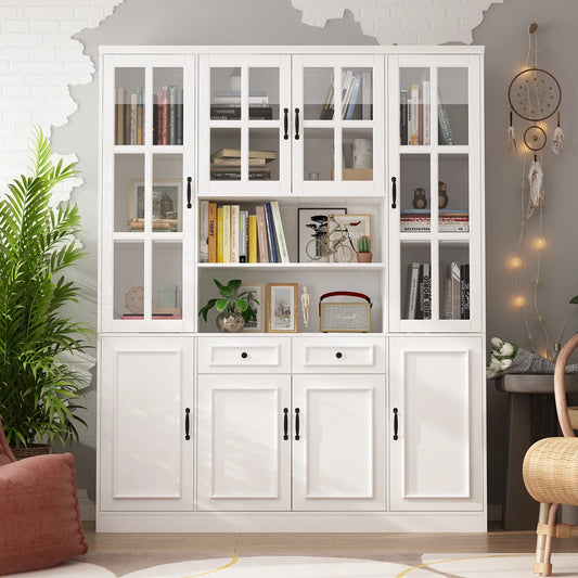 OXYLIFE 78.7 inch Bookcase Display Storage Cabinet Cupboard with 15 Shelves and Drawers, White (63" Wide)