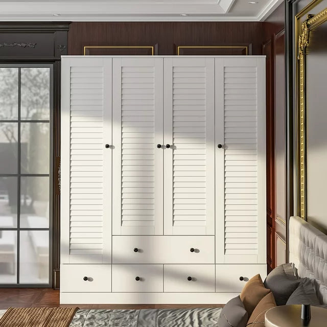 Hitow Wardrobe Armorie with Shutter Door, Closet Storage Cabinet and 5 Drawers and Hanging Rod for Bedroom, White