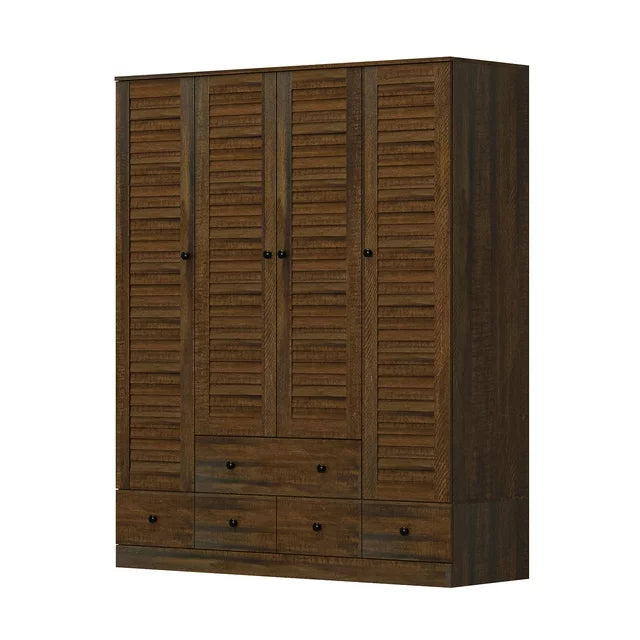 OXYLIFE Wardrobe Armorie with Shutter Door, Closet Storage Cabinet and 5 Drawers and Hanging Rod for Bedroom, Walnut