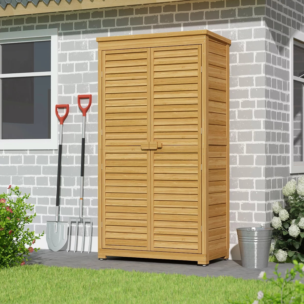 OXYLIFE 63 inch Wooden Patios Tool Storage Cabinet Shed Shutter Lockers Organizer for Garden Lawn