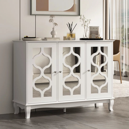 OXYLIFE 47.2 in Buffet Cabinet with Mirrored Doors and Adjustable Shelf, 3-Door Console Table Entry Hallway Foyer Table Sideboard, White