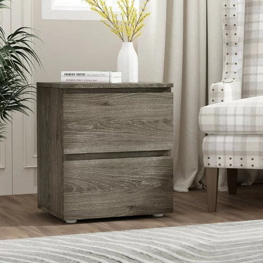 Hitow 2 Drawer Bed Side Table Wooden End Table Nightstand Rustic Gray